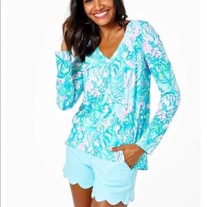 Lilly Pulitzer Long Sleeve V-Neck Top, Blue Ibiza, Aqua La Vista, Medium